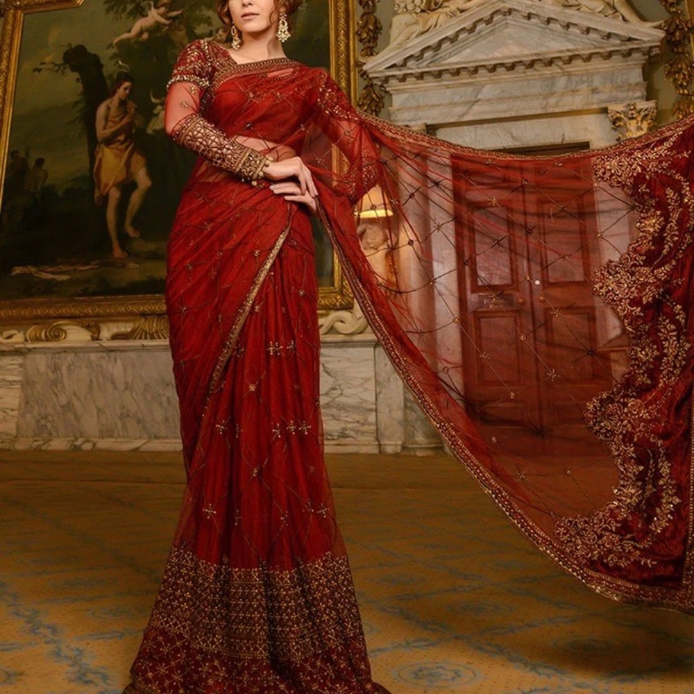 NWOT Maria b maroon velvet saree XS